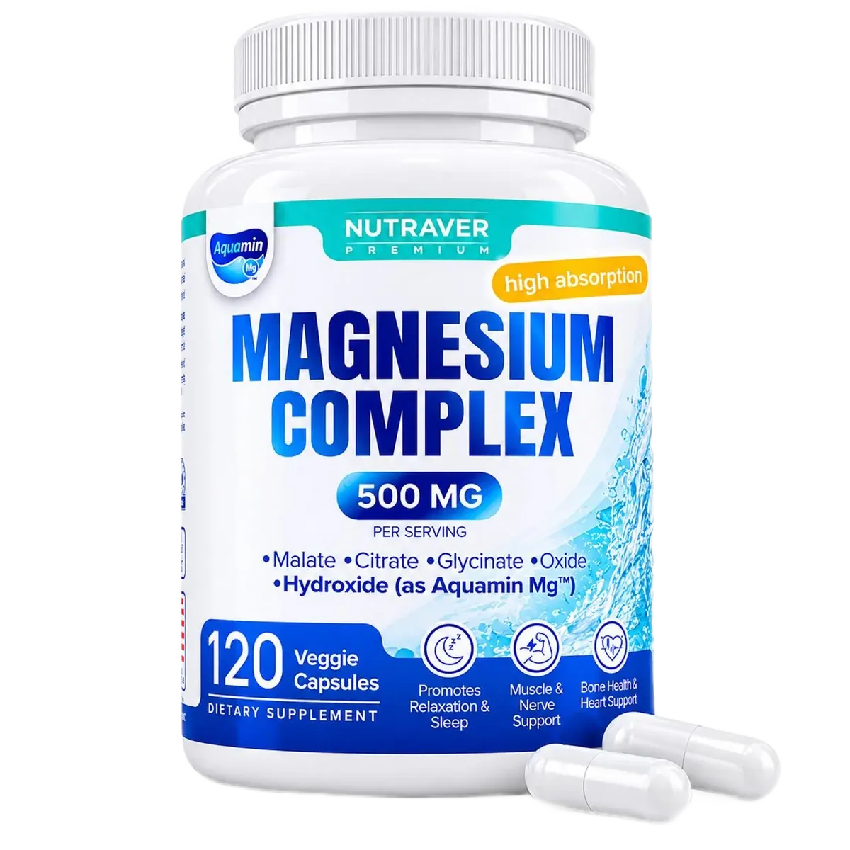NUTRAVER Magnesium Complex bottle — 500 mg, 120 veggie capsules